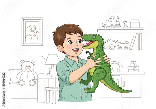 Illustration of a happy young boy joyfully plays with a green dinosaur toy in his bedroom, surrounded by toys and furniture