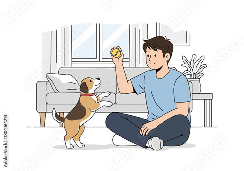 Illustration of a young man sitting on the floor playing fetch with his beagle dog inside a living room, holding a ball