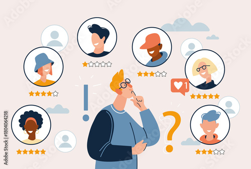 Man have a question. A young man stands in confusion. The concept of choosing a specialist, selection, decision making. Flat style illustration cartoon character.