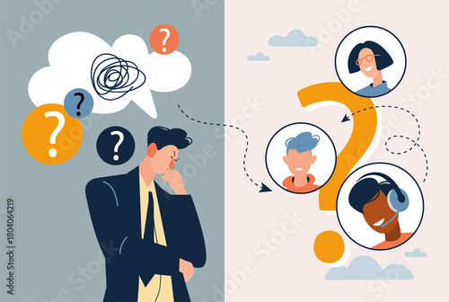 Man have a question. A young man stands in confusion. The concept of choosing a specialist, selection, decision making. Flat style illustration cartoon character.