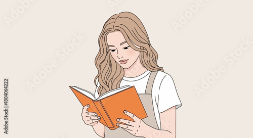 Illustration of young woman with long wavy brown hair wearing a white tshirt and apron, engrossed in reading an open orange book, isolated on a plain background