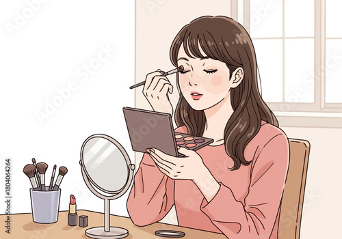 Illustration of a young woman with long brown hair is applying eye shadow in front of a mirror, surrounded by makeup