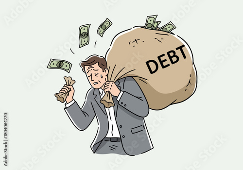 Illustration of man struggling under the weight of a large bag labeled debt with money flying around him, symbolizing financial burden and stress
