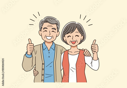Illustration of smiling elderly couple giving thumbs up with joy and happiness, representing a positive and healthy lifestyle in retirement