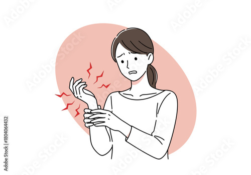 Illustration of a woman holding her wrist in pain, with red lightning bolts indicating discomfort and a pink oval shape in the background