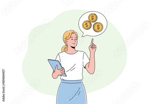 Illustration of young woman holding a tablet and thinking about money, with coins in a speech bubble above her head, representing financial planning or investment ideas