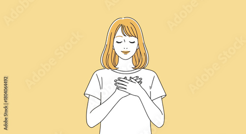 Illustration of a woman with her hands over her heart, eyes closed, expressing gratitude, love, or peace against a plain yellow background
