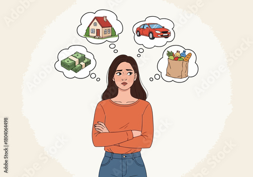 Illustration of a young woman is thinking about her financial goals and life choices, including a house, car, money, and groceries