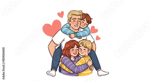 Illustration of happy family with two children, parents hugging and smiling