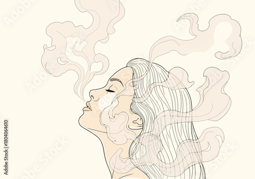 Illustration of woman with eyes closed exhaling smoke or steam from her nose and mouth, stylized illustration