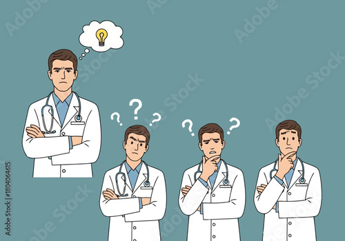 Illustration of doctor thinking with a light bulb idea, while other doctors look confused with question marks above their heads