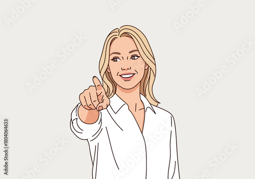 Illustration of a smiling blonde woman in a white shirt points her finger forward, indicating a choice or direction, against a neutral background