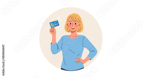 Illustration of a smiling woman holding up a credit card, representing financial transactions and shopping