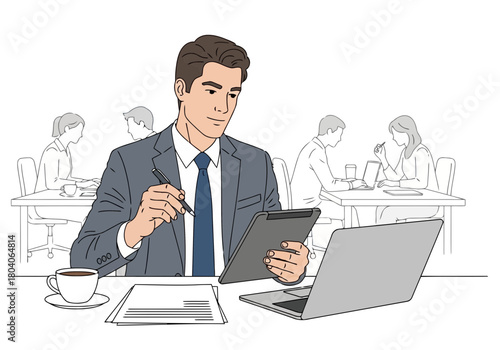 Illustration of a businessman in a suit sits at a table with a laptop, tablet, and coffee, working diligently in a cafe setting with blurred patrons in the background
