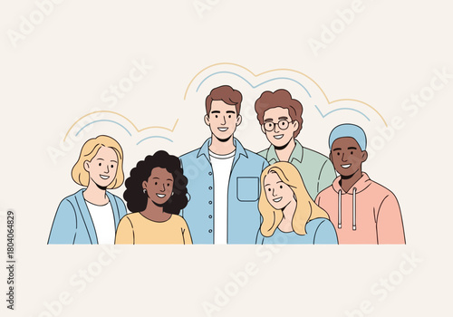 Illustration of diverse group of people standing together, representing unity and community in a modern illustration style