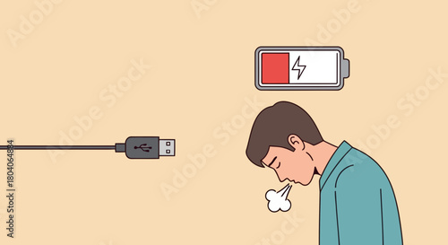 Illustration of man exhaling, low battery symbol and usb cable, symbolizing exhaustion, burnout, and need for energy recharge