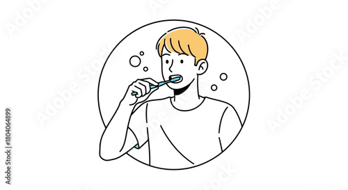 Illustration of young man brushing teeth in a circle