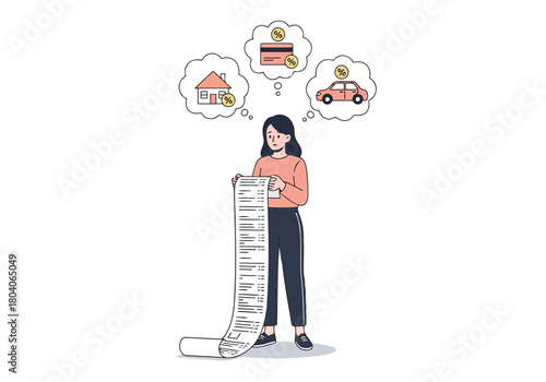 Illustration of woman looking at a long receipt and thinking about expenses like house, car, and credit card