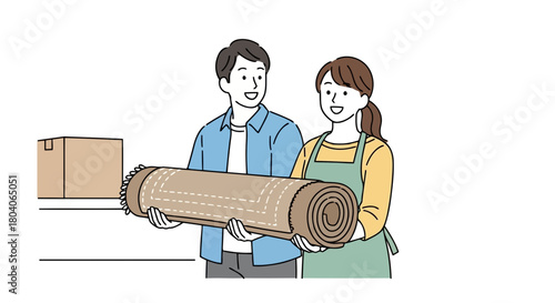 Illustration of a smiling couple holding a rolledup rug, with a cardboard box in the background, suggesting moving or redecorating