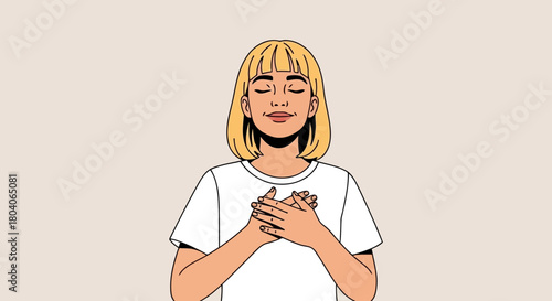 Illustration of young woman with blonde bob haircut and bangs, eyes closed, hands on chest, expressing gratitude, peace, and selflove in a calm, serene moment