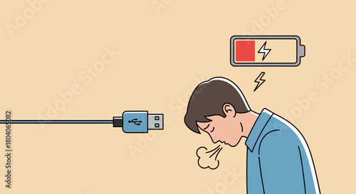 Illustration of man feeling exhausted and drained, with a low battery symbol and usb charging cable, symbolizing burnout and lack of energy