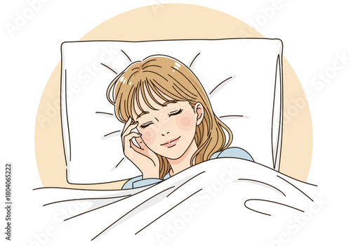 Illustration of a young woman sleeping peacefully in bed, with her eyes closed and a gentle smile on her face, resting on a pillow under a blanket