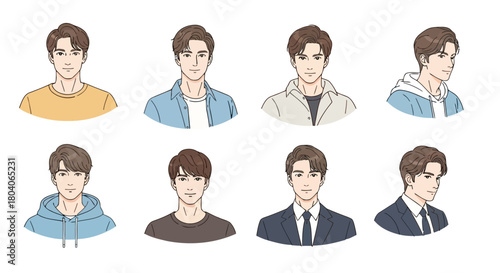 Illustration of collection of eight diverse male portraits showing different hairstyles, clothing, and expressions
