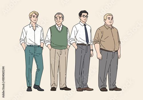 Illustration of four men of different ages and body types standing side by side, dressed in casual and formal attire, representing diversity and inclusivity in appearance