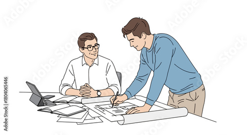 Illustration of two businessmen collaborating on a blueprint at a desk with a laptop and papers
