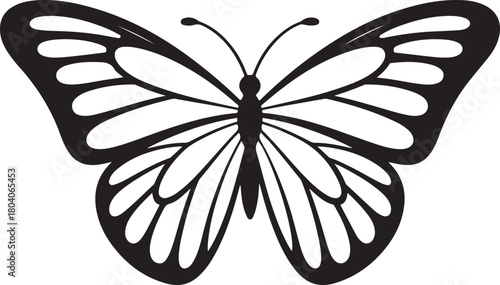 Black and white minimalist illustration of a butterfly with open wings and intricate patterns