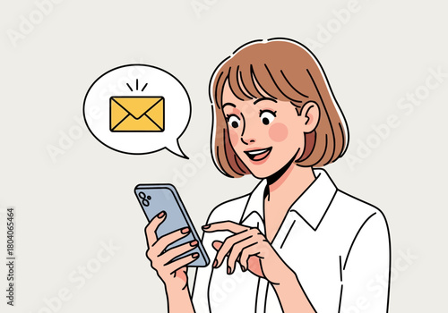 Illustration of a young woman with short brown hair, wearing a white collared shirt, smiles as she looks at her smartphone, with a speech bubble containing an email icon above her head
