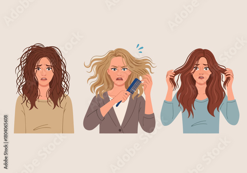 Illustration of three women with messy, tangled, and frizzy hair showing frustration and concern about their hair condition