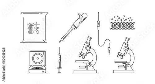 Scientific research laboratory equipment set microscope, beaker, pipette, and syringe icons