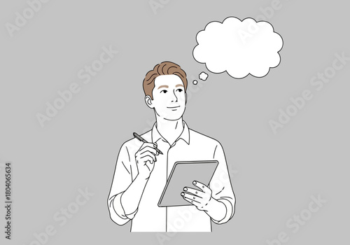 Illustration of a man in a white shirt holding a tablet and pen, with a thought bubble above his head, contemplating an idea on a grey background
