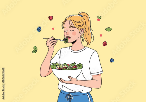 Illustration of young woman enjoying a healthy salad, embodying a lifestyle of wellness and nutritious eating habits