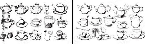 tea and teapot vector art, cup and saucer illustration, hand drawn tea set, vintage tea collection, drink sketch design, afternoon tea poster, teacup clipart vector, tea time illustration, relaxation 