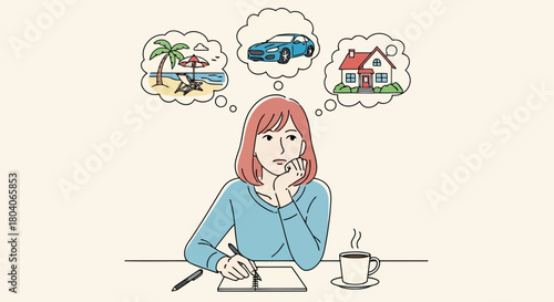 Illustration of a woman sits at a desk, contemplating her dreams of a new car, a vacation, and a house, while writing in a notebook
