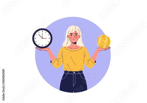 Illustration of woman holding a clock and a coin, representing time and money management, decision making, and financial planning