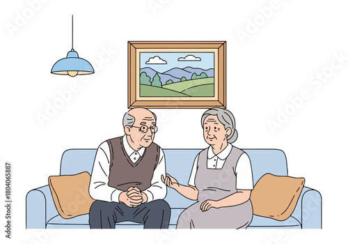 Illustration of elderly couple sitting on a sofa, conversing warmly, with a landscape painting on the wall above them