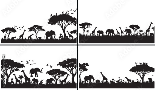 african wildlife silhouette set, savannah animals illustration, elephant and giraffe vector, wild nature artwork, african landscape design, safari animal poster, zebra and lion outline, wildlife scene