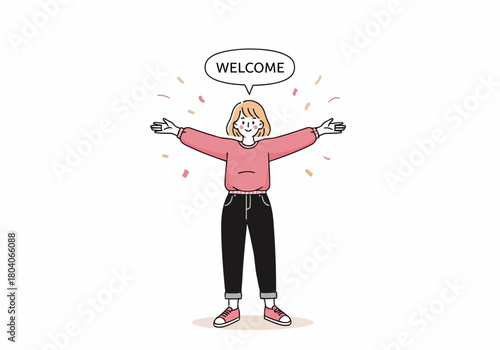 Illustration of a young woman with blonde hair, wearing a pink sweater and black pants, stands with her arms outstretched in a welcoming gesture