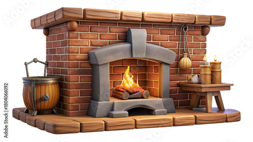 3D icon of cozy fireplace with burning firewood isolated on transparent background