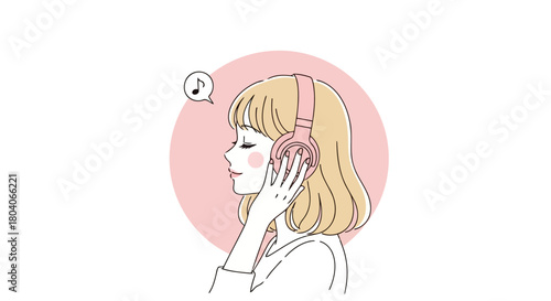 Illustration of young woman with blonde hair wearing pink headphones and listening to music
