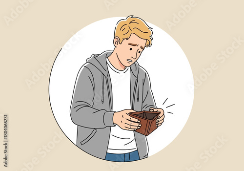 Illustration of young man looking sadly at his empty wallet, concept of financial problems, debt, poverty, and bankruptcy