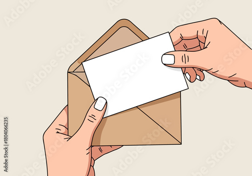 Illustration of hands inserting a blank white card into a brown paper envelope, conveying a message or invitation
