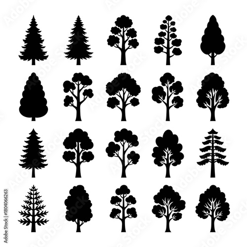 Collection of diverse tree silhouettes, showcasing various shapes and sizes of natural foliage.
