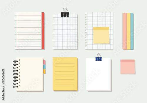 Illustration of collection of various paper stationery items including notebooks, sticky notes, and loose leaf pages, perfect for school or office use