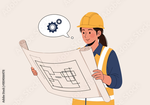 Illustration of female engineer wearing a hard hat and safety vest, carefully examining blueprints with gears icon in thought bubble, representing planning and construction