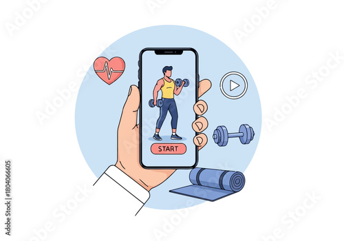 Illustration of hand holding smartphone displaying fitness app with man lifting dumbbell, heart rate, play button, and yoga mat