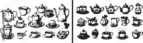 tea and teapot vector art, cup and saucer illustration, hand drawn tea set, vintage tea collection, drink sketch design, afternoon tea poster, teacup clipart vector, tea time illustration, relaxation 